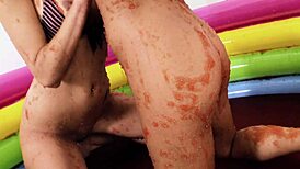 chloe and leila lick each other's wet pussies in strawberry jelly pool 😋