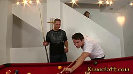 skinny blonde babe got fucked by two dudes on pool table, man!