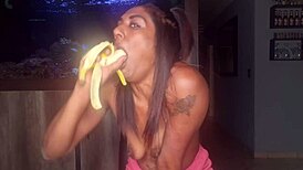 Topless Desi Squeezes Boobs While Deepthroating Banana!