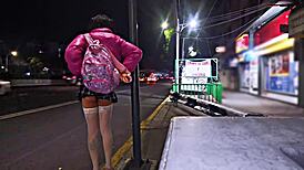 Public whore flashes miniskirt outdoors, teasing exhibitionist style in broad daylight. A true daring slut on display!