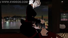 A fake cop receives a deepthroat blowjob from a femboy in the office.