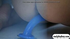 Two Attractive Babes Fuck Blue Dildo, Lick Each Other, Masturbate, and Finger in Lesbian Scene.