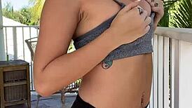 Nice day to watch Luna Luxe masturbate solo on the balcony with her sexy hairless body.