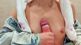 Neighbor peeks in with erection, gets masturbated using my boobs