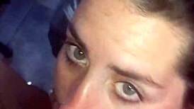 blonde girlfriend swallows cum from deepthroat blowjob with friend