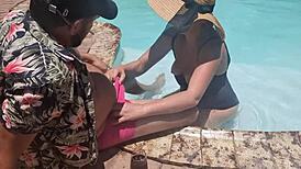 Blonde Sucks Huge Cock In Pool During Vacation