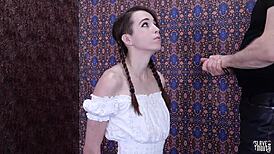 Chained Submissive Teen Performs Oral Blowjob And Rimjob On Cock