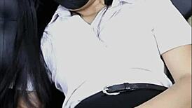 single girl jerks off condom-covered cock while on boyfriend's call 😏