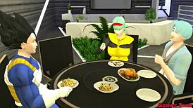 Bulma sucks stepson, fucked hard in ass next to husband.