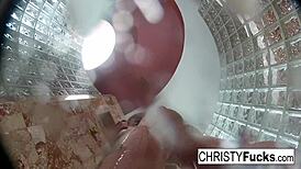 Steamy shower turned wild with Christy, Dahlia, and Ivan enjoying hot lesbian play. Their tattooed bodies glistened under water.