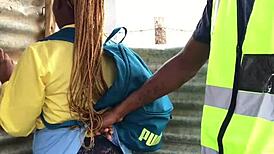 night guard protects student with a quickie cumshot in exchange