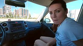 Bold milf swallows cum in the car during fetish blowjob.