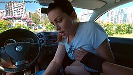 Bold milf swallows cum in the car during fetish blowjob.