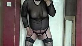 he stretches ballsacks in fishnets and stockings