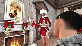 La jeune épouse du père noël joue avec les elfes