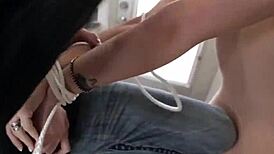 Teen bound in bdsm gives pov blowjob