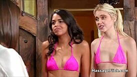 three teens in bikinis get oily pussy massages together