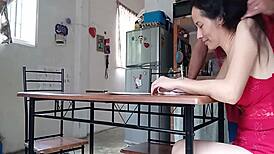 Sexy Latina interrupts homework for a deep throat cum swallow