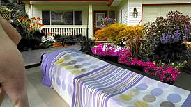 Taking care of my shaved baby outdoors.