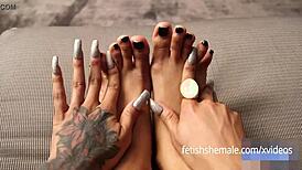 ebony shemale shows off her sexy feet while masturbating