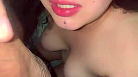 I give a wet blowjob and he cums all over my big tits!