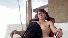 Tattooed teen bent over for doggystyle blowjob