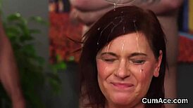 unusual centerfold gets cum shot on her face eating all the jizm