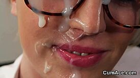 unusual centerfold gets cum shot on her face eating all the jizm