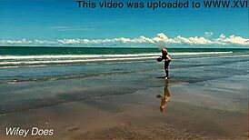 wife dares to play nude football on a public clothed beach