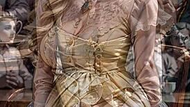 An elegant blonde in a Victorian dress flashes her upskirt in public, drawing attention outdoors.