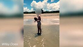 wife dares to play nude football on a public clothed beach