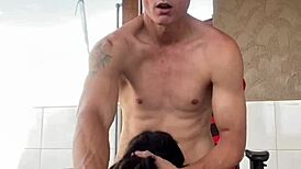 Tattooed teen bent over for doggystyle blowjob