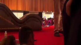 A skinny blonde gives viewers a public lapdance performance