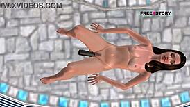 Cute girl masturbates with bottle by swimming pool in 3d cartoon anime