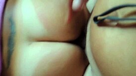 Painful anal for booty tanned milf ends with deep creampie on bar stool.