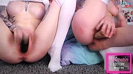 Two adorable teens in lesbian cumshow with strapons.