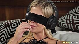 Blindfolded Scarlet Red rides strap on with Jenna Sativa