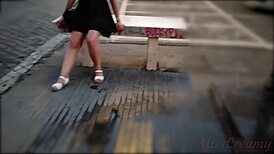 European milf Misscreamy flashes no panties upskirt in short dress, caught in public