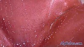 Blonde euro teen masturbates pussy in bath shower fingering