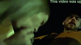 Risky wife sucks huge cock in bar parking lot. She walks off with cum on face.