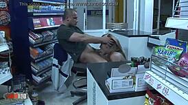 Horny Milf Babe Blonde Whore Deepthroats and Gets Cum in Mouth Between Shelves