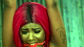 huge dick shemale bangs ebony babe hard in wild session. can't believe this action with bound ass! 😱