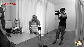 Blonde milf deepthroats mature guy then rides big cock hard in studio