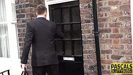 real blonde submissive gets fingered, choked, and deepthroated in rough fetish session at dark dungeon