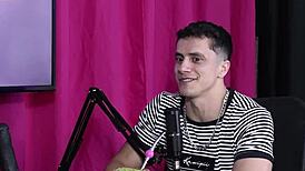 Brazilian blonde feels romantic in sheer red sideways pose at the store with bi partner.