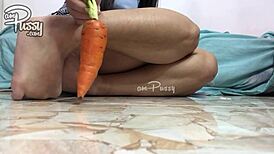 Asian Amateur Teases Pussy with Carrot in Garage