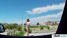 Blonde Pleasing Partner Outdoors With Mouth And Boobs