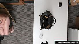 Cute teen shoplifter gets punished with blowjob in office by police cock