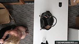 Cute teen shoplifter gets punished with blowjob in office by police cock