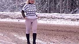 winter flashing of big naked ass in snowy outdoor solo. blonde babe teases with sexy homemade public display.